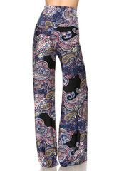 Niobe Clothing High Waist Fold Over Wide Leg Gaucho Palazzo Pants (Navy Elegant Paisley) - pants
