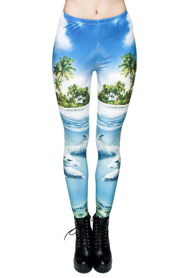 Island Dolphins Digital Print Leggings leggings- Niobe Clothing