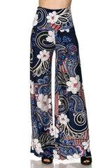 Niobe Clothing High Waist Fold Over Wide Leg Gaucho Palazzo Pants (White Blue Multi) - pants