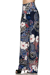 Niobe Clothing High Waist Fold Over Wide Leg Gaucho Palazzo Pants (White Blue Multi) - pants