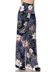 Niobe Clothing High Waist Fold Over Wide Leg Gaucho Palazzo Pants (White Blue Multi) - pants