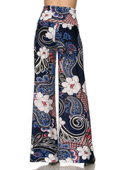 Niobe Clothing High Waist Fold Over Wide Leg Gaucho Palazzo Pants (White Blue Multi) - pants