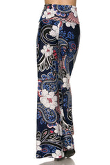 Niobe Clothing High Waist Fold Over Wide Leg Gaucho Palazzo Pants (White Blue Multi) - pants