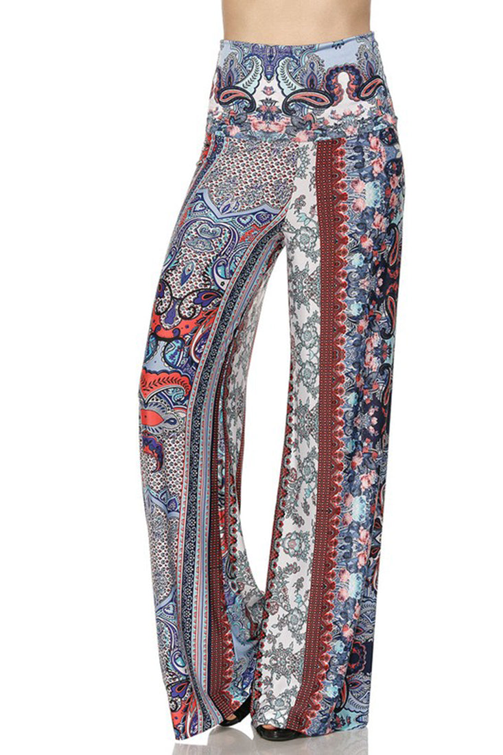 Niobe Clothing High Waist Fold Over Wide Leg Palazzo Pants (Red Blue Paisley) - pants
