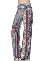 Niobe Clothing High Waist Fold Over Wide Leg Palazzo Pants (Red Blue Paisley) - pants