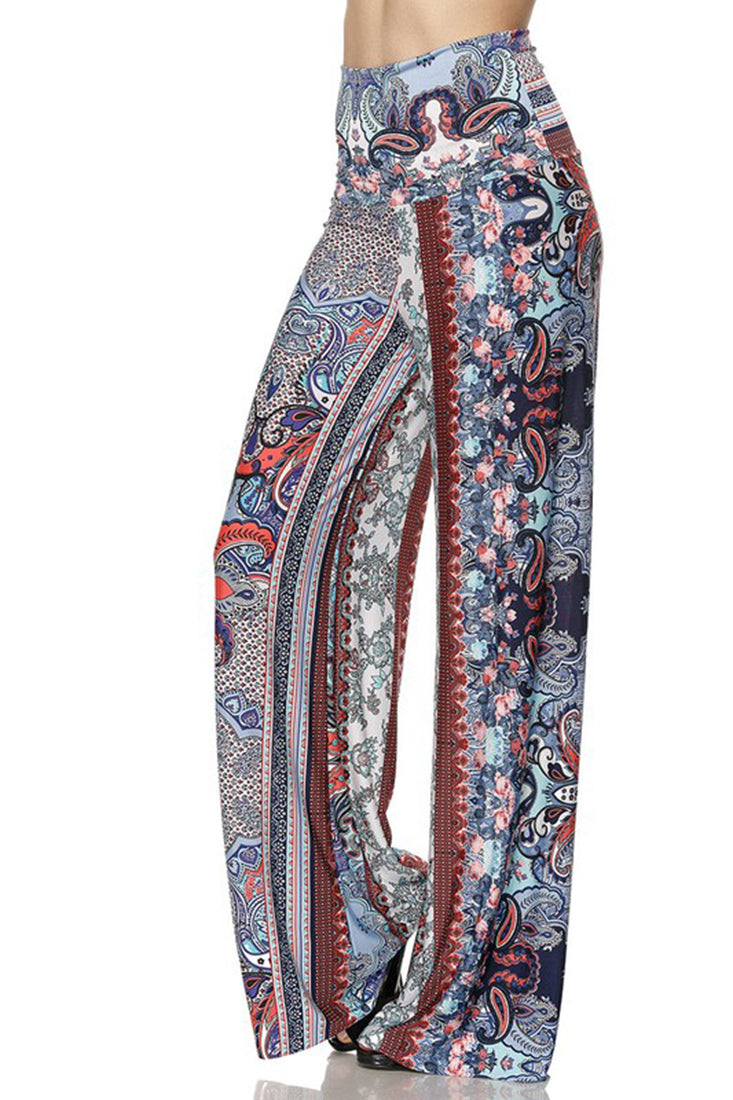 Niobe Clothing High Waist Fold Over Wide Leg Palazzo Pants (Red Blue Paisley) - pants