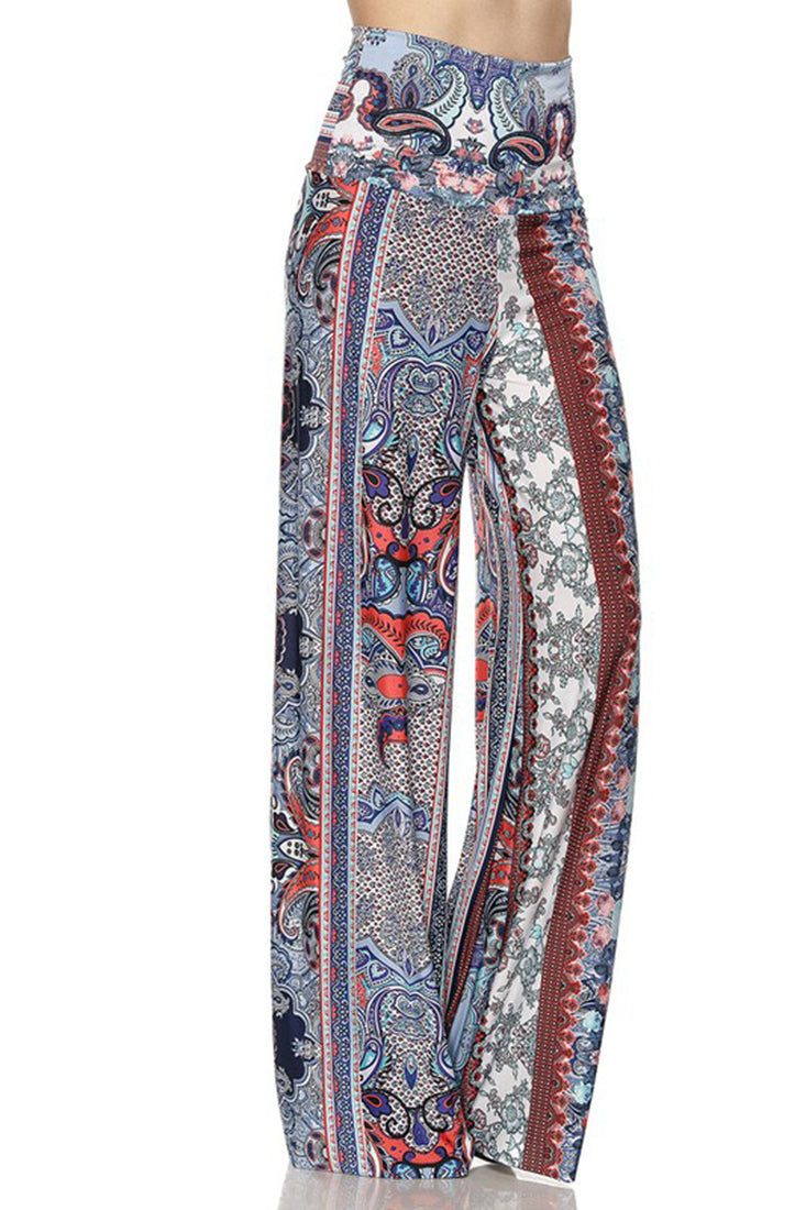 Niobe Clothing High Waist Fold Over Wide Leg Palazzo Pants (Red Blue Paisley) - pants