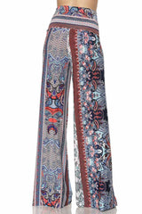 Niobe Clothing High Waist Fold Over Wide Leg Palazzo Pants (Red Blue Paisley) - pants