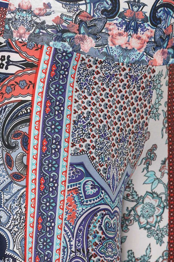 Niobe Clothing High Waist Fold Over Wide Leg Palazzo Pants (Red Blue Paisley) - pants
