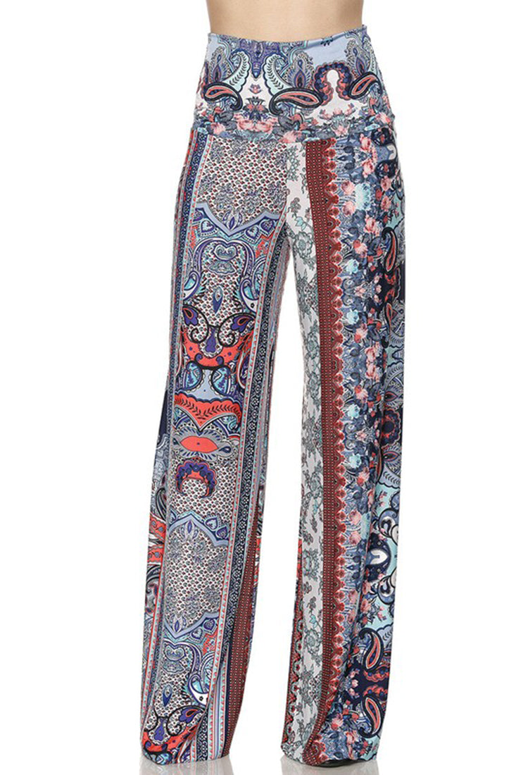 Niobe Clothing High Waist Fold Over Wide Leg Palazzo Pants (Red Blue Paisley) - pants