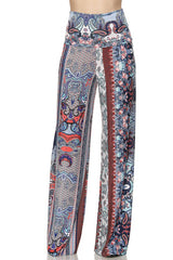 Niobe Clothing High Waist Fold Over Wide Leg Palazzo Pants (Red Blue Paisley) - pants