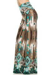 Niobe Clothing High Waisted Fold Over Wide Leg Gaucho Palazzo Pants (Teal/Brown) - pants
