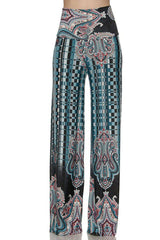 Niobe Clothing High Waist Fold Over Wide Leg Gaucho Palazzo Pants (Teal Paisley) - pants