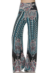 Niobe Clothing High Waist Fold Over Wide Leg Gaucho Palazzo Pants (Teal Paisley) - pants