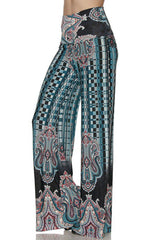 Niobe Clothing High Waist Fold Over Wide Leg Gaucho Palazzo Pants (Teal Paisley) - pants