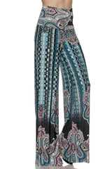 Niobe Clothing High Waist Fold Over Wide Leg Gaucho Palazzo Pants (Teal Paisley) - pants