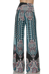Niobe Clothing High Waist Fold Over Wide Leg Gaucho Palazzo Pants (Teal Paisley) - pants