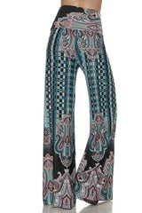 Niobe Clothing High Waist Fold Over Wide Leg Gaucho Palazzo Pants (Teal Paisley) - pants