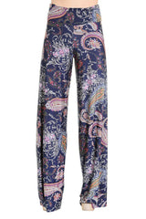 Niobe Clothing High Waist Fold Over Wide Leg Gaucho Palazzo Pants (Navy Pink Paisley ) - pants