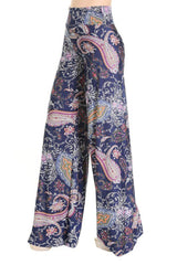 Niobe Clothing High Waist Fold Over Wide Leg Gaucho Palazzo Pants (Navy Pink Paisley ) - pants