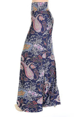 Niobe Clothing High Waist Fold Over Wide Leg Gaucho Palazzo Pants (Navy Pink Paisley ) - pants