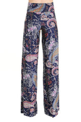 Niobe Clothing High Waist Fold Over Wide Leg Gaucho Palazzo Pants (Navy Pink Paisley ) - pants