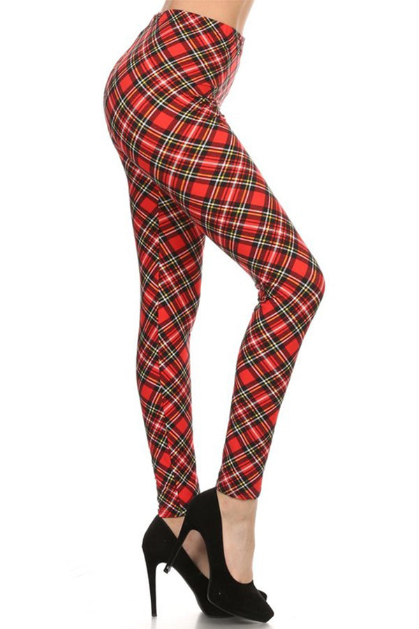 Red Multi Plaid Design Leggings leggings- Niobe Clothing
