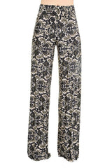 Niobe Clothing High Waist Fold Over Wide Leg Gaucho Palazzo Pants (Emerald Damask) - pants