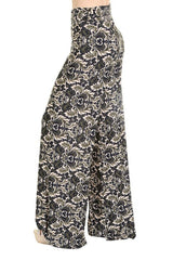 Niobe Clothing High Waist Fold Over Wide Leg Gaucho Palazzo Pants (Emerald Damask) - pants