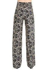 Niobe Clothing High Waist Fold Over Wide Leg Gaucho Palazzo Pants (Emerald Damask) - pants