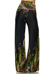 Niobe Clothing High Waist Fold Over Wide Leg Gaucho Palazzo Pants (Emerald Floral) - pants