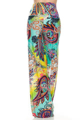 Niobe Clothing High Waist Fold Over Wide Leg Gaucho Palazzo Pants (Turquoise Multi Paisley) - pants