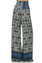 Niobe Clothing High Waist Foldover Boho Palazzo Pants (Blue Multicolor) - pants