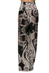 Niobe Clothing High Waist Fold Over Wide Leg Gaucho Palazzo Pants (Black Pink Paisley) - pants
