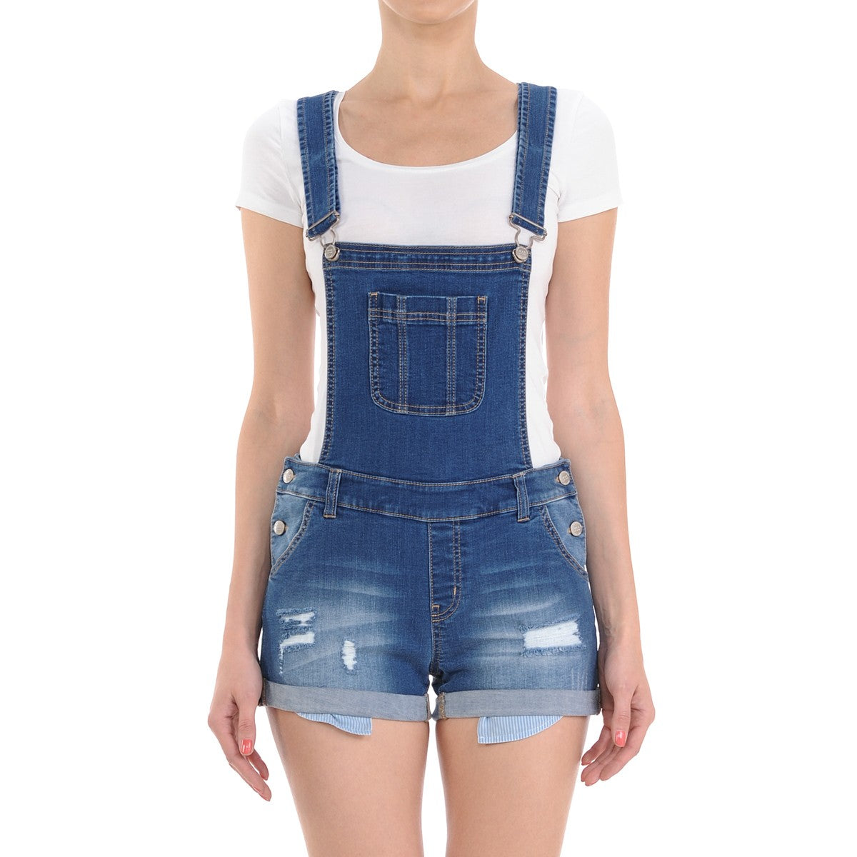 Wax Distressed Denim Shortalls - One-Pieces f_dresses