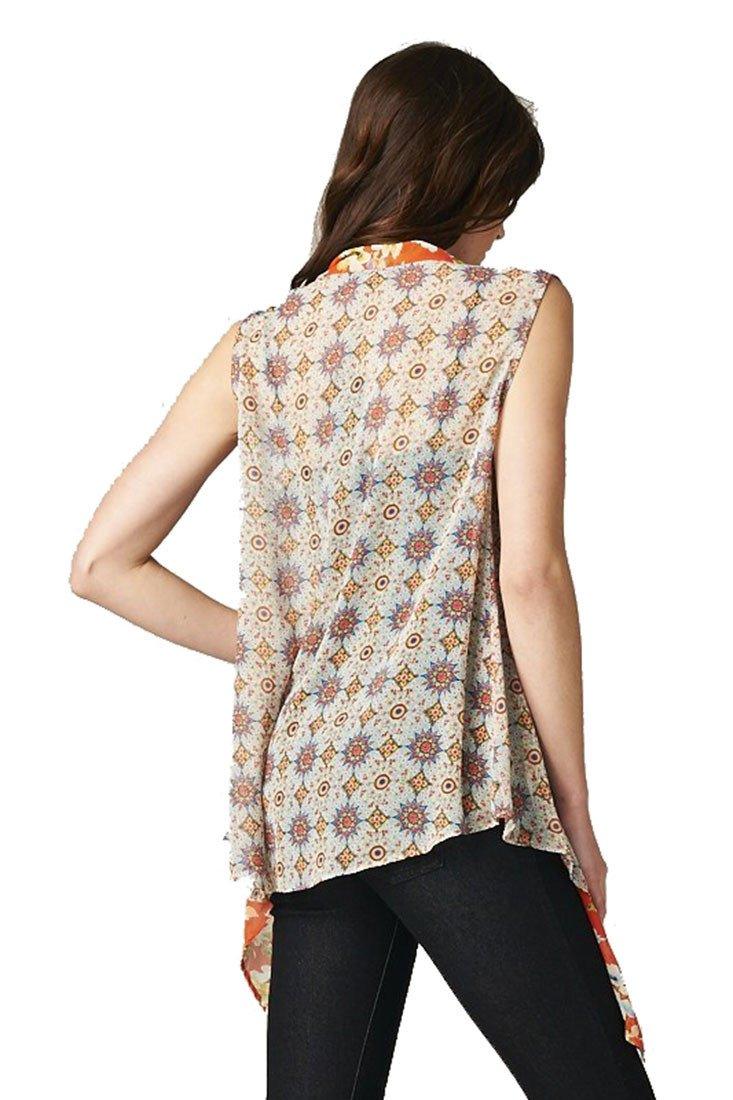 Niobe Clothing Floral Medallion Orange Multi Color Chiffon Sleeveless Top Blouse - f_outerwear