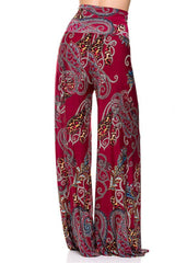 Niobe Clothing High Waist Foldover Boho Palazzo Pants (Burgundy Leopard) - pants