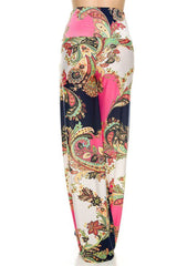 Niobe Clothing High Waist Fold Over Wide Leg Gaucho Palazzo Pants (Pink Paisley) - pants