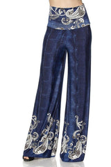 Niobe Clothing High Waist Fold Over Wide Leg Palazzo Pants (Vintage Blue Paisley) - pants