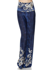 Niobe Clothing High Waist Fold Over Wide Leg Palazzo Pants (Vintage Blue Paisley) - pants