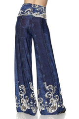 Niobe Clothing High Waist Fold Over Wide Leg Palazzo Pants (Vintage Blue Paisley) - pants