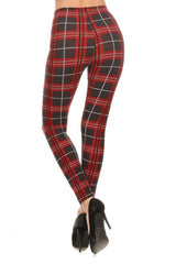 Dark Grey Red Tartan Plaid Leggings leggings- Niobe Clothing