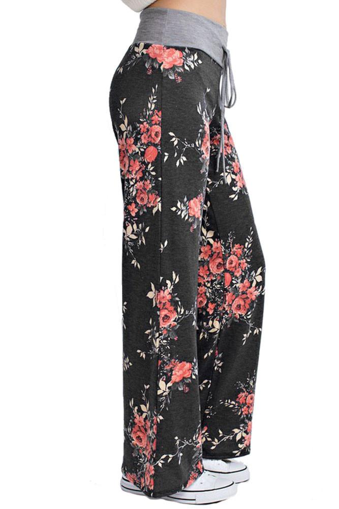 Flowered Casual Lounge Pants in Charcoal pants- Niobe Clothing