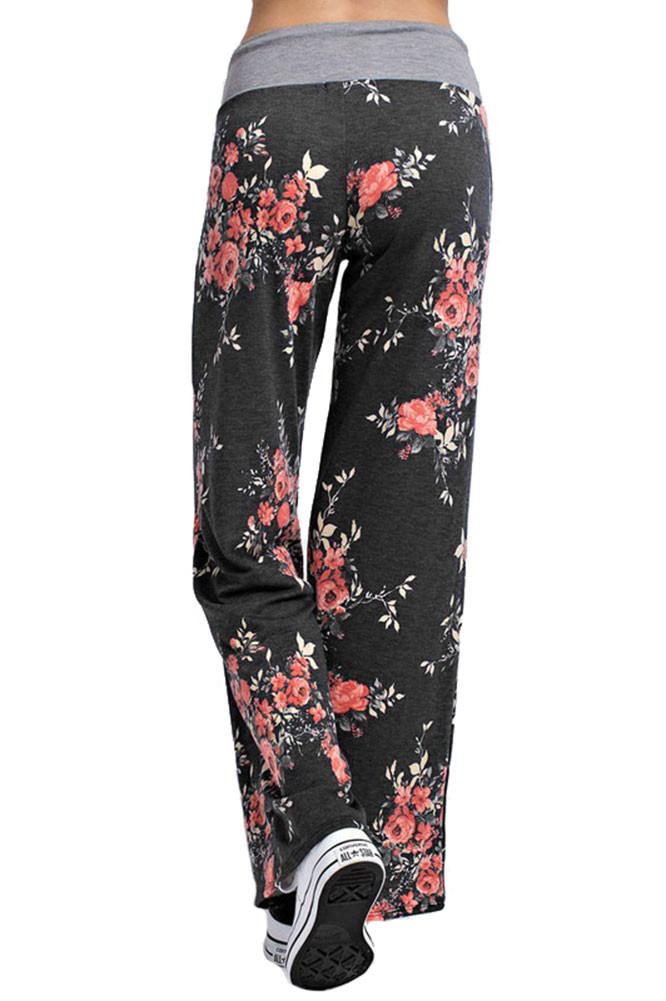 Flowered Casual Lounge Pants in Charcoal pants- Niobe Clothing