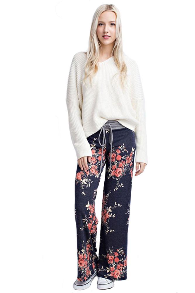 12Pm Mon Ami Flowered Casual Lounge Pants in Navy - f_bottoms
