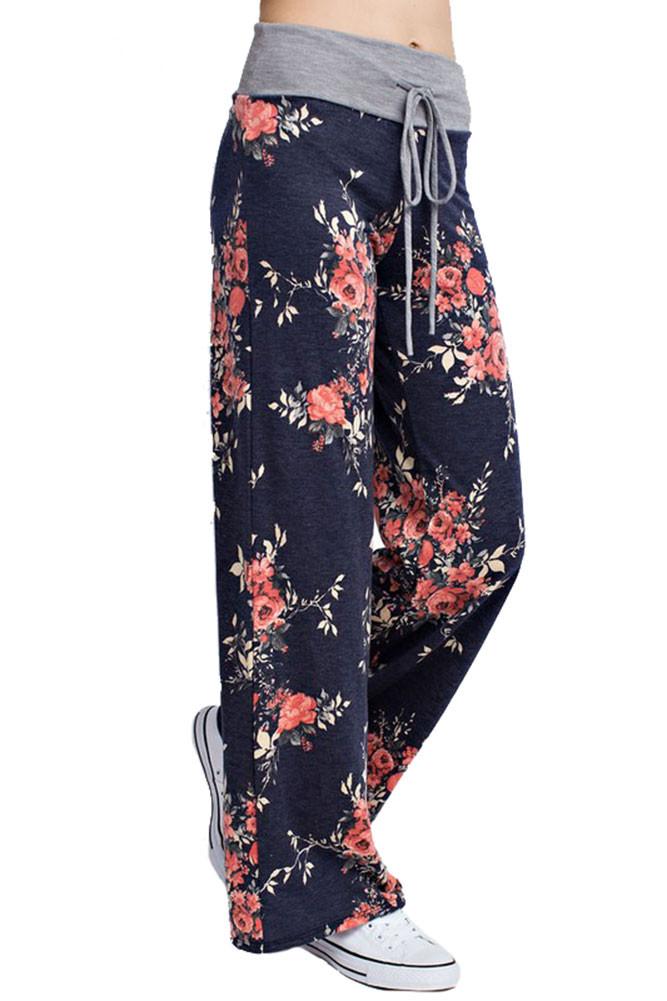 12Pm Mon Ami Flowered Casual Lounge Pants in Navy - f_bottoms