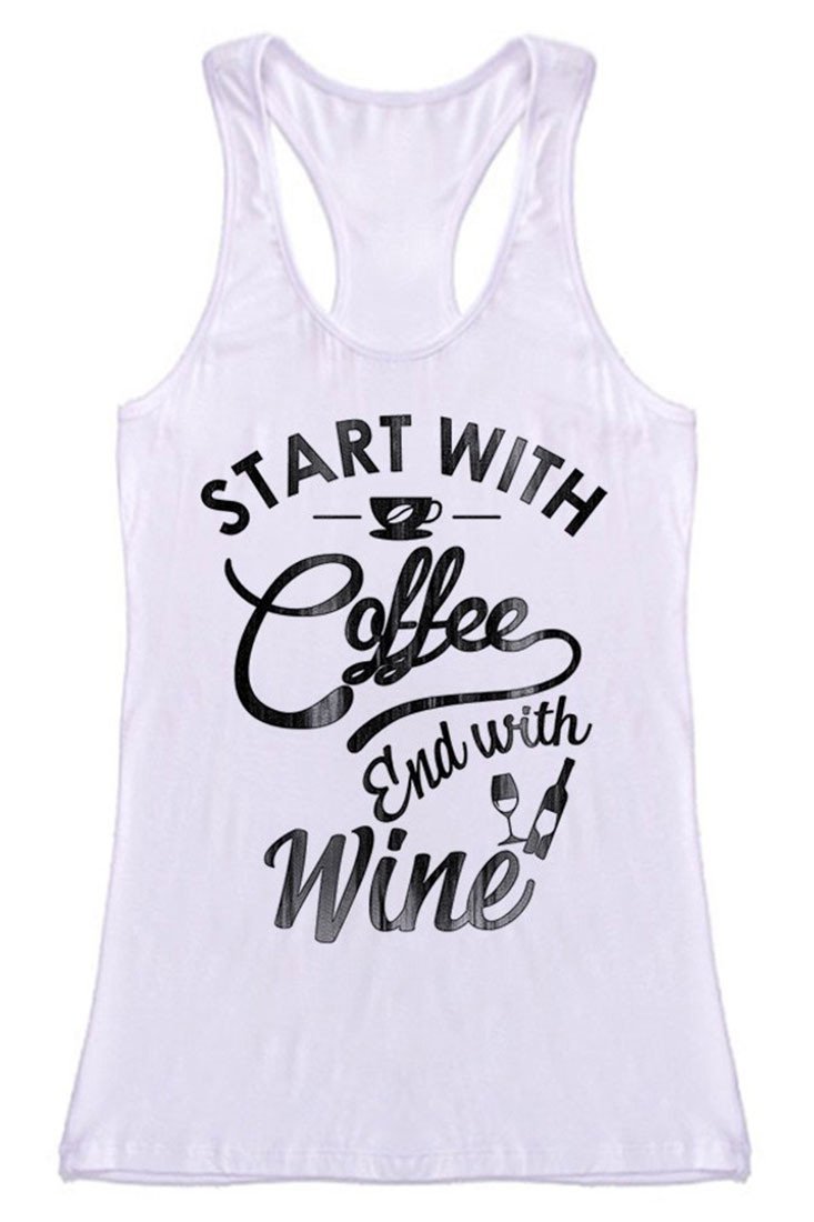 Niobe Clothing Coffee & Wine Racerback Tank Top in White - Tank Tops g_tanktops