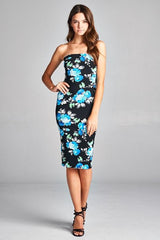 DNA Black/Blue Peony Strapless Bodycon Mini Tube Dress - dress