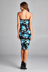 DNA Black/Blue Peony Strapless Bodycon Mini Tube Dress - dress
