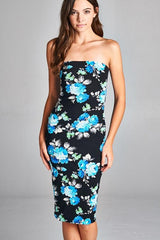 DNA Black/Blue Peony Strapless Bodycon Mini Tube Dress - dress